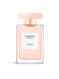 Pink perfume bottle with 'Verset Parfums' label on a white background