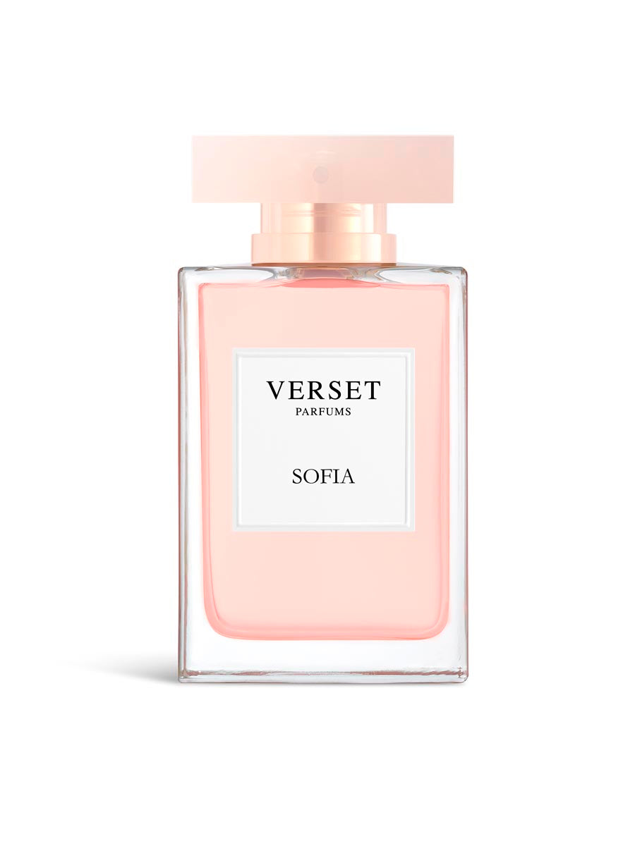Pink perfume bottle with 'Verset Parfums' label on a white background