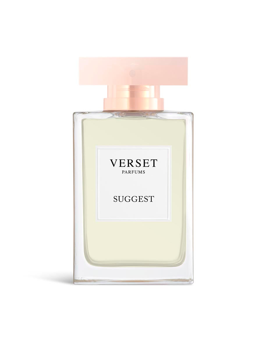 Perfume bottle labeled 'Suggest' by 'Verset Parfums' on a white background