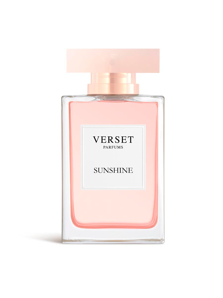Pink perfume bottle labeled 'Sunshine' by Verset Parfums on a white background